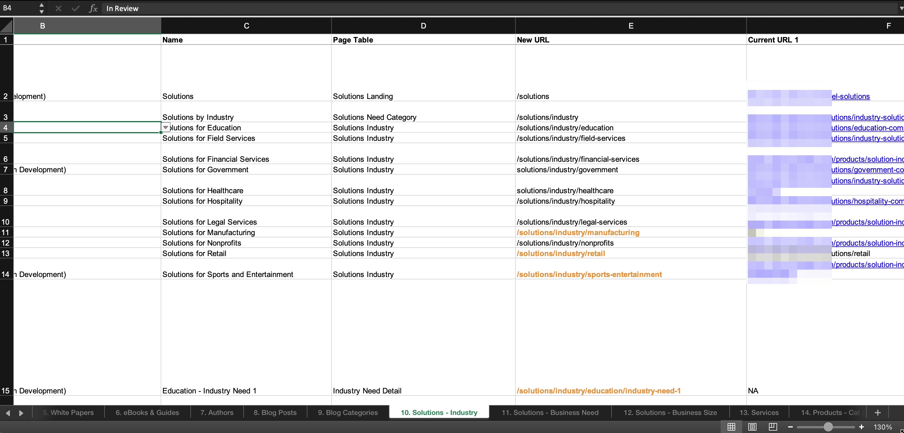 Workbook with multiple columns used to help clients during their final, qualitative assessment of content.